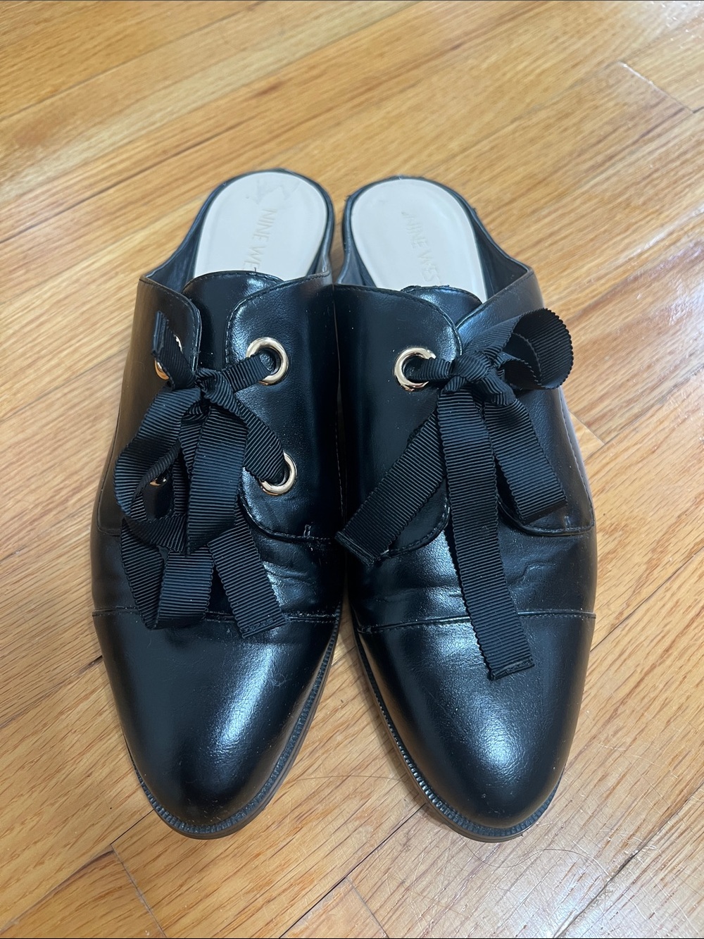 Black Slip-On pleather Mules with Ribbon Lace